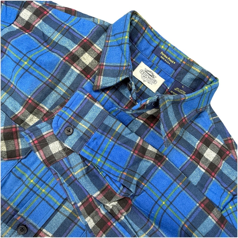 Vintage Fieldmaster Shirt Mens L Blue Plaid Flannel‎ Perma Prest 80s Made in USA